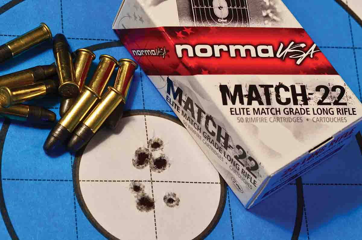 Norma Match-22 provided this .83-inch group shot by Burt Reynolds with his Magnum Research MLR-1722.